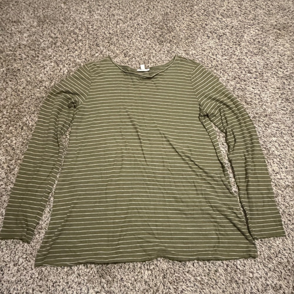 Eileen Fisher Olive Green Striped Organic Cotton Long Sleeve Boat Neck Top S/P